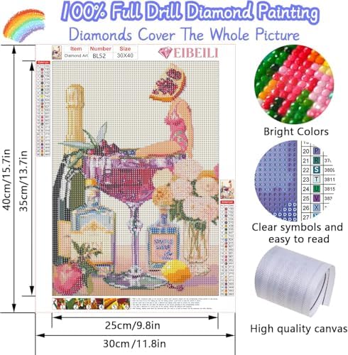 EIBEILI Diamond Art Kits for Adults, Female Fruit Cocktail Diamond Painting Kits for Beginner DIY 5D Full Drill Diamond Dots Crafts for Home Wall Decor Gifts 12x16 Inch