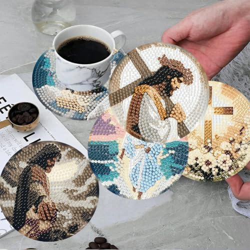 ijbnhd 8 Pcs Diamond Art Coasters Kits Jesus Diamond Painting Coasters