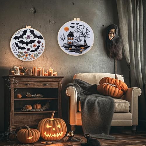 Floral Witch Hat Embroidery Kit Halloween Cross Stitch Material Set with Bat Skull Flower Pumpkin Patterns, DIY Hand Needlepoint Embroidery Craft Kit for Beginners Professional (Haunted House)
