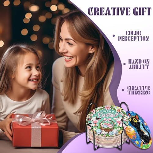 NEGEKFKX 8 Pcs Easter Diamond Art Painting Coasters Kits,Christianity Coaster with Holder for Adults, Non-Slip DIY Dot Paint Craft Kits,5D Full Drill DIY Diamond Dot Gem Art Kit Home Decor Arts Craft