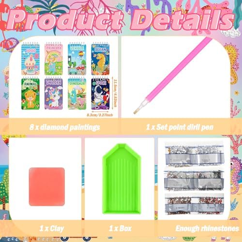 Maitys 8 Set Diamond Art Notebook with Gift Bags Cute Cartoon Notepad DIY Diamond Painting Notebook Set 5d Journal Art Crafts Accessories with Tool for Adults Beginner Birthday Gifts
