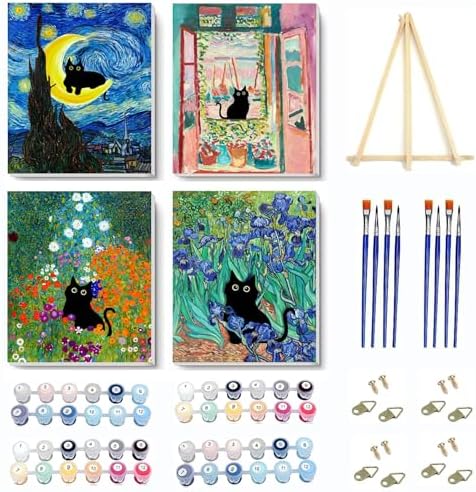 4 Pack Paint by Numbers Kit for Adults Framed Canvas with Wooden Easel