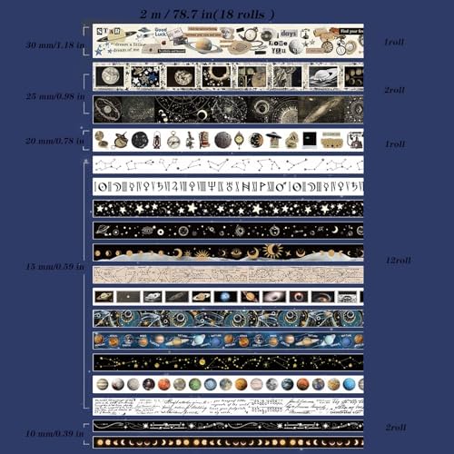 18 Rolls Celestial Washi Tape Set Galaxy washi Tape for Crafts and Journaling DIY washi Tape for journaling Decorative Tape for Scrapbook Scrapbooking Supplies
