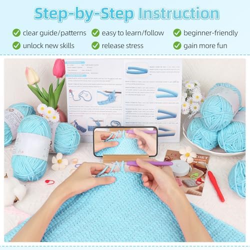 Aeelike Crochet Blanket Kit for Beginners, Easy Soft Crochet Kit, Blue