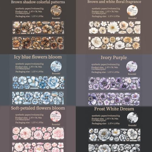 6 Rolls Floral Washi Tape Set,Pre-Cut Scrapbook Flower Tape Stickers for Journaling Supplies,Junk Journal,Scrapbooking,Notebook,Phone Case,Cups,Planner(Flower Dwelling Leisurely)