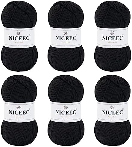 NICEEC 300g Soft Assorted Colors Yarn 100% Acrylic 870yds -Black