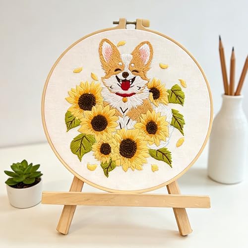 Sunflower Dog Embroidery Kit for Beginners Handmade Gift
