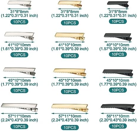 FASHEWELRY Hair Clip, 120Pcs Alligator Iron Hair Clips, 12 Style, 3 Colors, Hair Barrette Blanks for Bows Making, Hair Accessories, Size 31x8x8mm-57x11x10mm, for Women