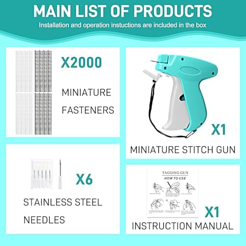 2026 New Stitch Gun for Clothes, Handheld Quick Clothing Fixer Sewing Kit with 1000 Black & 1000 White Fasteners, 6 Replacement Needles, Light Blue