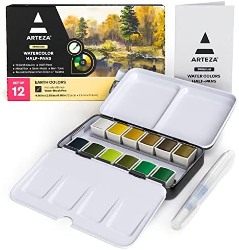 ARTEZA Watercolor Paint Set, 12 Earth Tone Half Pans with Water Brush