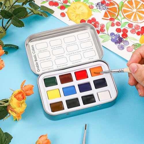 Grabie 12 Color Travel Watercolor Paint Set, Pocket Palette, Essential