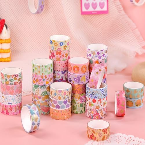 60 Rolls Washi Tape Set, 15 mm Gold Foil Cute Pattern Floral Decorative for Journaling Supplies