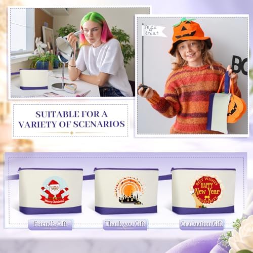 Silkfly 15 Pcs Cotton Canvas Makeup Bags Cosmetic Zipper Bags 10.2 x 5.5 x 2'' Blank DIY Pouch Bulk Pencil Case with Bottom Travel Toiletry Pouch for Women Craft Decor Gift (Beige and Purple)