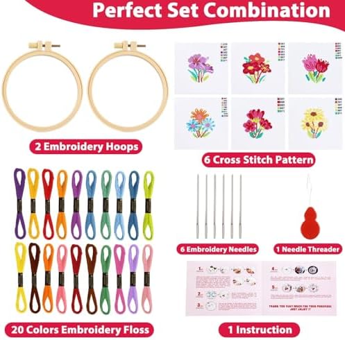 ZOIIWA 6 Pcs Flower Cross Stitch Kit for Beginner Flower DIY Embroidery Kit