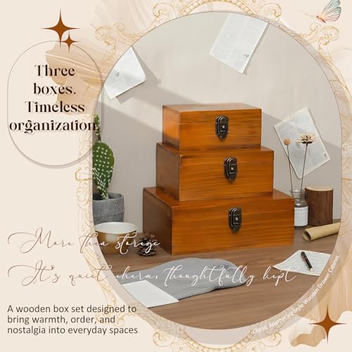Vintage Wooden Storage Boxes Set of 3 I Zakka Style Organizer with Hinged Lids & Locks I 3 Sizes for Jewelry, Keepsakes, Letters & Desk I Stackable Rustic Wood Display Treasure Boxes for Home Decor