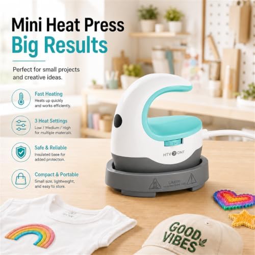 HTVRONT Heat Press Mini Heat Press Machine, Mini Iron for Crafts | Heats Up Quickly & 3 Heat Setings, Perler Beads Iron, Small Heat Press Machine for T Shirts, Hats