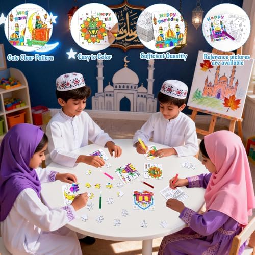 24 Pcs Ramadan Crafts for Kids, Eid Mubarak Arts and Crafts DIY Puzzle with Lanterns, Stars, Masjid, Moon, Castles, Ramadan Eid Activities Painting Kits for Islamic Gifts Party Favors & Goodies Bulk