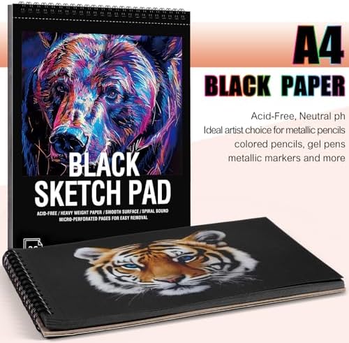 Black Paper Sketchbook 8.3 × 11.7 in, 30 Sheets, 160gsm, Spiral Bound | Acid-Free 98Lb Paper, Top Spiral, Tear-Off Pages, for Colored Pencil, Chalk & Metallic Markers