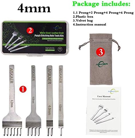 Aiskaer Leather Stitching Punch Set, Diamond Chisel Tools, 4mm White Steel 1/2/4/6 Prong for Leather Craft DIY