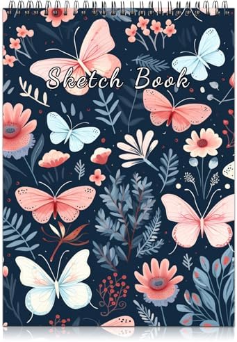 Deokke Sketchbook Top Spiral Bound Sketch Pad, 9 x 12 inch,100GSM Thick Paper,50 Sheets 100 Pages,Art Sketch Book Aesthetic Cute Drawing Writing Paper for Girls Women-Butterfly Flower