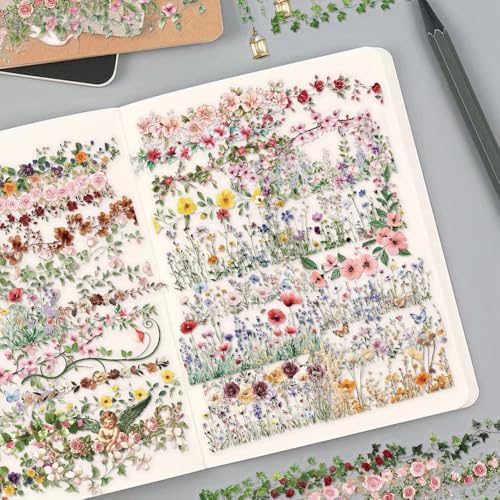 60PCS Watercolor Floral Vine PET Stickers Clear Waterproof Aesthetic Garden