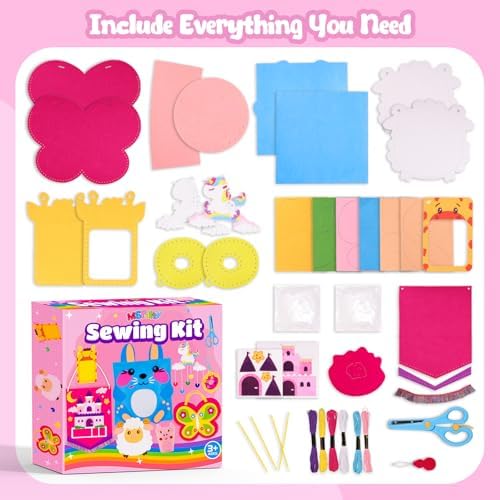 MGparty My First Sewing Kit for Kids - 8 Easy DIY Sewing Crafts with Bunny Pillow & Unicorn Wind Chime, Beginner Learn-to-Sew Craft Set for Girls & Boys Ages 5+, Screen-Free Educational Gift