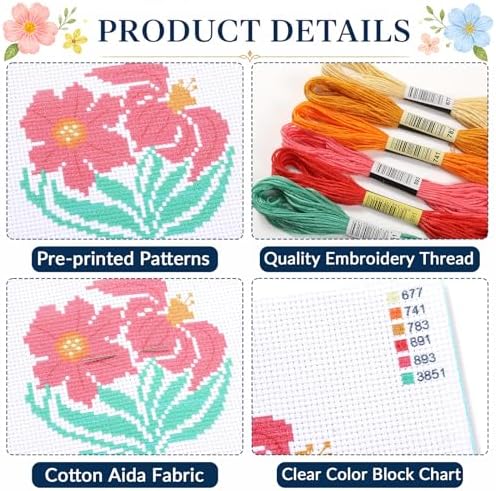 ZOIIWA 6PCS Flower Embroidery Kit for Beginners Adults Summer Cross Sewing Kits DIY Starter Hand Embroidery Kit with Needlepoint Patterns Hoop Threads Needles Instructions Craft Gift for Home Decor