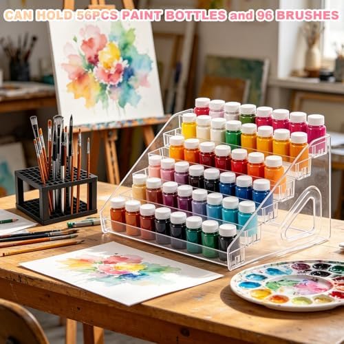 Acrylic Paint Organizer, 7 Layers Craft Paint Storage With Miniature Brush Holder, Paint Storage Rack for Acrylic Paints, Oil Paints, Nail Polish and Makeup Supplies
