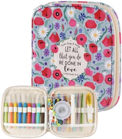Crochet Hook Case,Portable Zipper Storage Organizer Bag for Crochet Hooks, Knitting Needles, Project & Sewing Supplies, Lightweight,Easy to Hold (No Accessories Included).Green Cartoon Flower