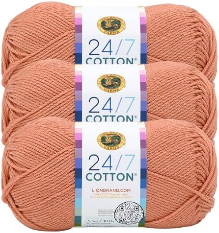 Lion Brand Yarn, 24/7 Cotton Yarn, Papaya, Orange, 3 Pack