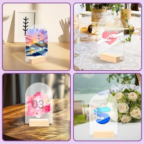 Bercoor 5 Pack 4x6 Inch Blank Clear Arch Acrylic Sign with Wooden Stands, Arched Round Top Acrylic Sheet, DIY Acrylic Arch Table Numbers for DIY Name Card Gifts Event Party Sign Decoration