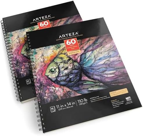 ARTEZA Mixed Media Sketchbook, 11x14 Inches – 2-Pack, 60 Spiral-Bound Sheets, 110 lb Acid-Free Paper for Wet & Dry Media: Acrylic, Ink & Pencil