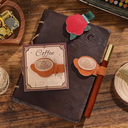 2PCS Vintage Magnetic Leather Bookmark, Leather Magnetic Bookmarks for Women,Unique Book Marks Gifts for Book Lovers， Magnetic PU Bookmarks Clip Book Accessories for Adults & Kids，Roses & Coffee