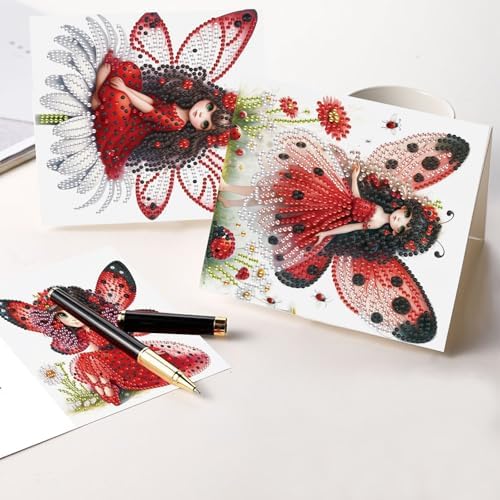 LazyFold 6 Pcs Diamond Art Painting Greeting Cards Kits, Red Fairy Handmade Festival Greeting Cards with Envelopes Diamond Art Crafts Birthday Cards Creative Gift