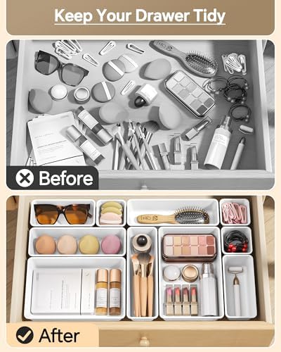 KEMETHY 25 PCS Plastic Drawer Organizers Set, 4 Sizes Vanity Organizer, Makeup and Desk Drawer Organizer Trays, Organization and Storage for Makeup, Bathroom, Kitchen Utensils and Office (White)