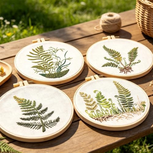 Fern Botanical Embroidery Kits for Beginners Adults, Vintage Plant Embroidery Sets Needlepoint Kits, Stamped Cross Stitch Kits for Beginners Adult, 4 Embroidery Hoops, Fabric (Attached Video Tutorial)