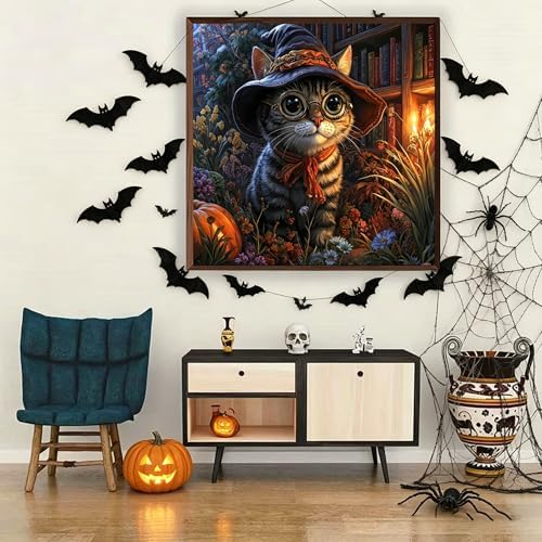 Hallloween Cat Diamond Art Kits for Adult Round Diamond Painting 14x14Inch