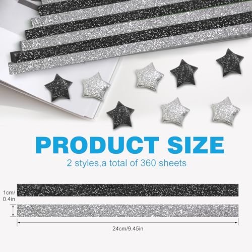 FoDau770 Glitter Star Paper Strips - 360 Sheet, Black & Silver Series