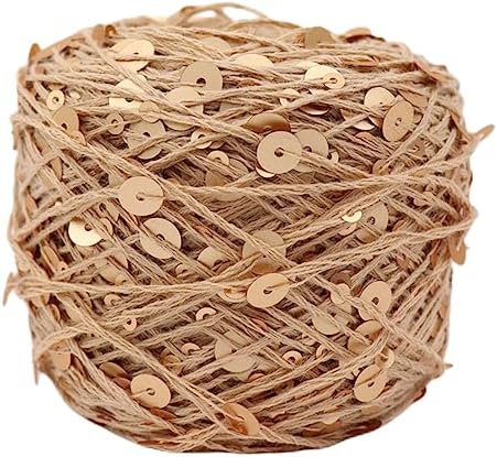 Shimmering Sequin Cotton Yarn 153yard Sparkling Thread Crochet Strings for Headband Beanie Knitting Sweater Weaving DIY Stitch Winter Accessories Rag Doll (Khaki)