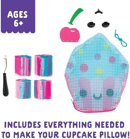 LatchKits Cupcake Pillow - Latch Hook Kits for Kids, Arts and Crafts, Yarn Art, Kids Crafts, Toys for Girls, Birthday Gift for Girls, Easy to Follow Pattern, Hook Included, Craft Kits, Ages 6+