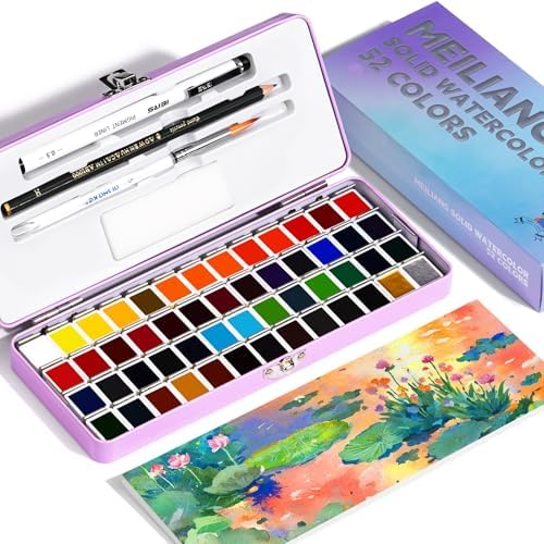 52 Colors Watercolor Paint Set for Adults, Vibrant Travel Water Colors Kit with Metallic Shades, Includes Brush, Pencil, Sponge, 5 Watercolor Papers & Black Pen, Portable, Purple Case