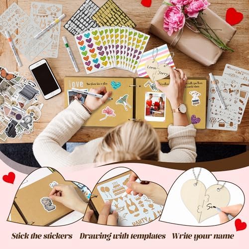 CY2SIDE Valentine's Day Couple Photo Album Scrapbook - 111PCS The Little Book of Us Wooden Album Scrapbook Kit for Lovers with Heart Puzzle Brown Paper Sticker and Template for DIY Dating Anniversary
