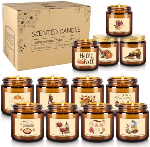 Autumn Harvest Scented Candles Gift Set – 12 Pack Fall Soy Wax Candles with Essential Oils, 3.5oz Amber Jar Candles for Home Decor, Thanksgiving & Halloween Gifts