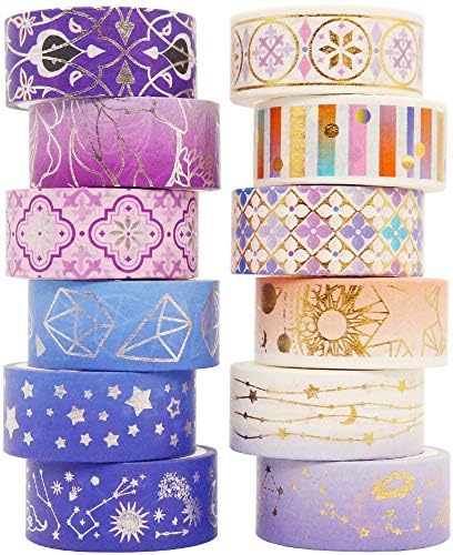 YUBBAEX Galaxy Washi Tape Set Purple Stars Decorative Tapes Silver Gold Foil Masking for Arts, DIY Crafts, Journal Supplies, Planners, Scrapbook, Gift Wrapping (Purple Night 12 Rolls)