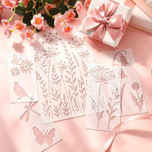 14 Pcs Plant & Wildflower Stencil Set for Painting, Large Botanical Painting Templates - Leaf, Dragonfly, Wildflower Nature Crafts Kit for DIY Furniture Wall Murals, Wood Signs, Home Decor