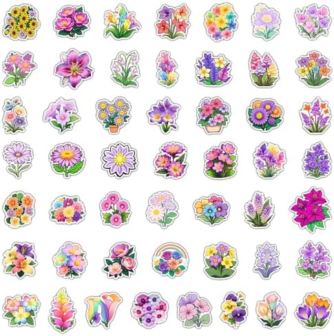 50 PCS Waterproof Colorful Floral Vinyl Stickers Pack