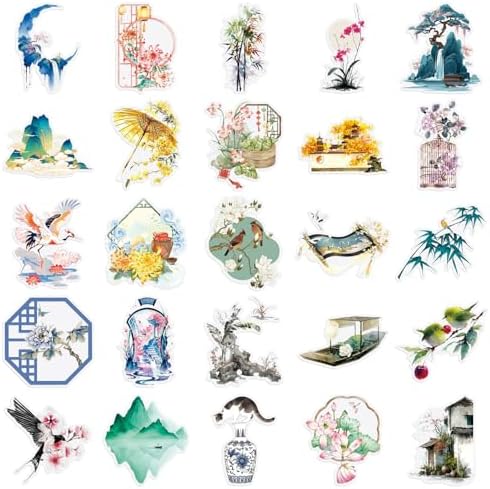 50Pcs Chinese Style Vintage Stickers – Waterproof Pet Floral