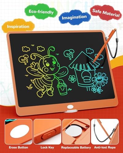 TEKFUN 12" LCD Writing Tablet for Kids Ages 5–8, Fun Drawing Board that Keeps Kids Busy Anywhere, Screen-Free Doodle Pad for Travel, Play & Everyday Use, Easy Gift Idea for Kids (Orange)