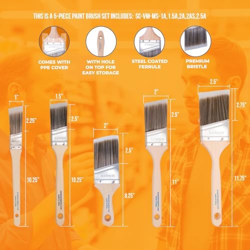 Vermeer Angled Paint Brushes, 1-2.5 Inch Paint Brush Set for Trim, 5 Pc | Interior & exterior | Furniture, cabinets, doors & fences | Latex & oil-based | Medium stiff bristles, softwood handles