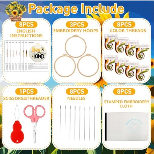 Riceshoot 8 Set Sunflower Embroidery Kits for Beginner Adults Bee Cross Stitch Kit DIY Needlepoint with Pattern Instruction, Hoop, Embroidery Fabric, Thread, Needle, Scissor, Gift for Home Decor